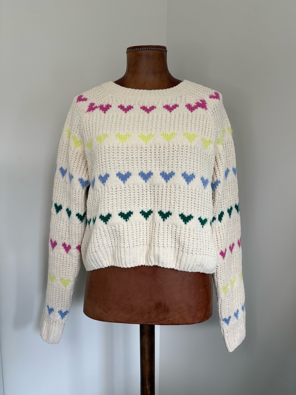 Pink Rose Cream Crewneck Sweater with Colorful Hearts NWT